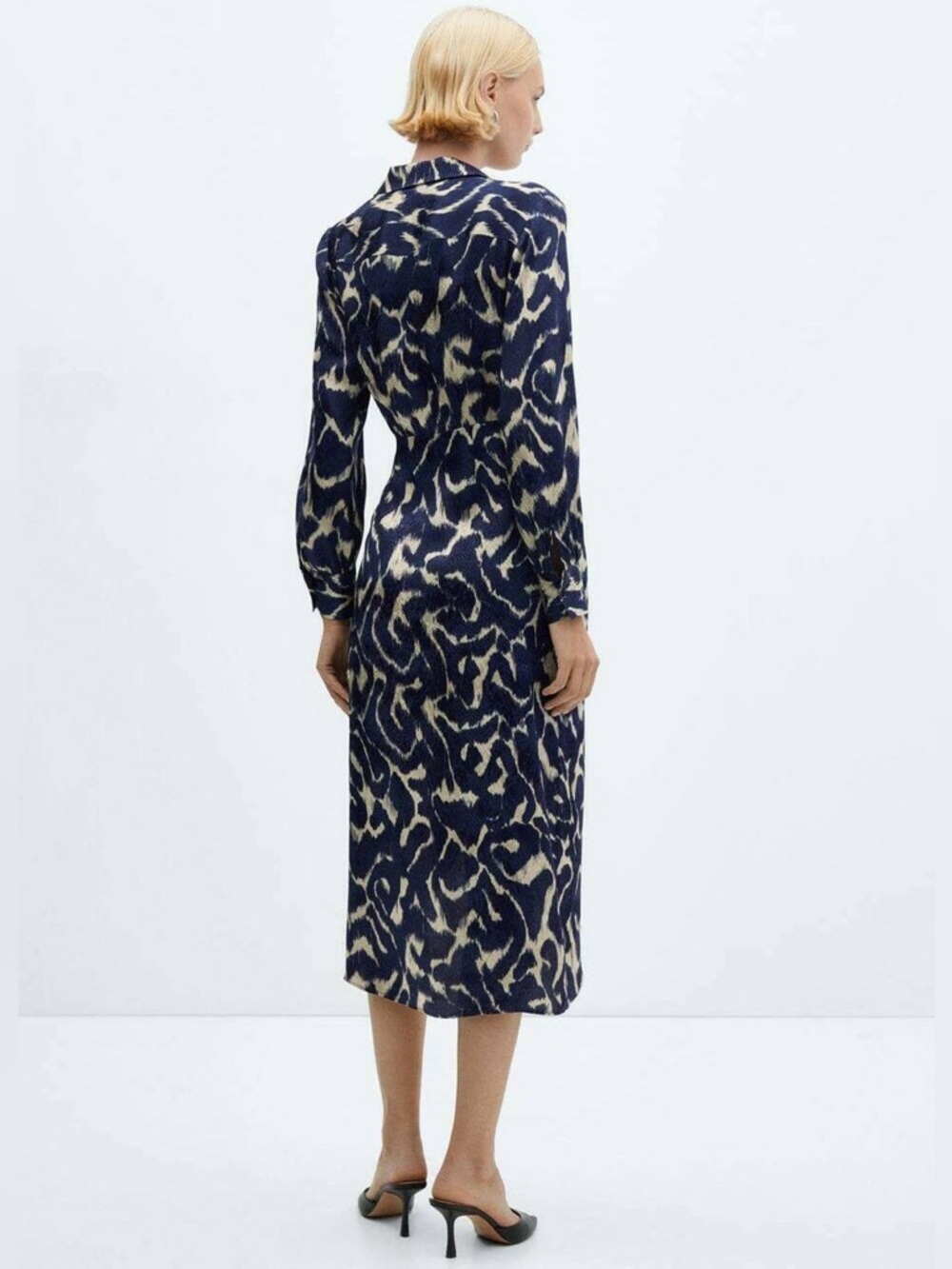 MANGO Blue & Cream Twist Front Print Long Sleeve Shirtdress Womens Size 6 NEW - Picture 2 of 7